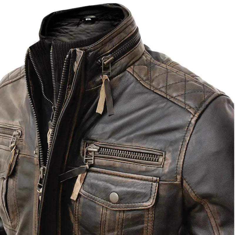 Men’s Motorcycle Distressed Brown Cafe Racer Leather Jacket