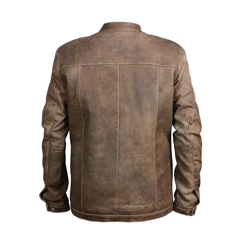 Men’s Distressed Khaki Motorcycle Leather Jacket