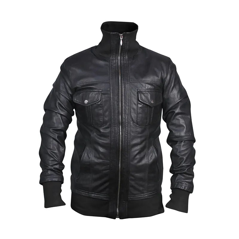 Men’s Black Slim Fit Bomber Biker Leather Jacket