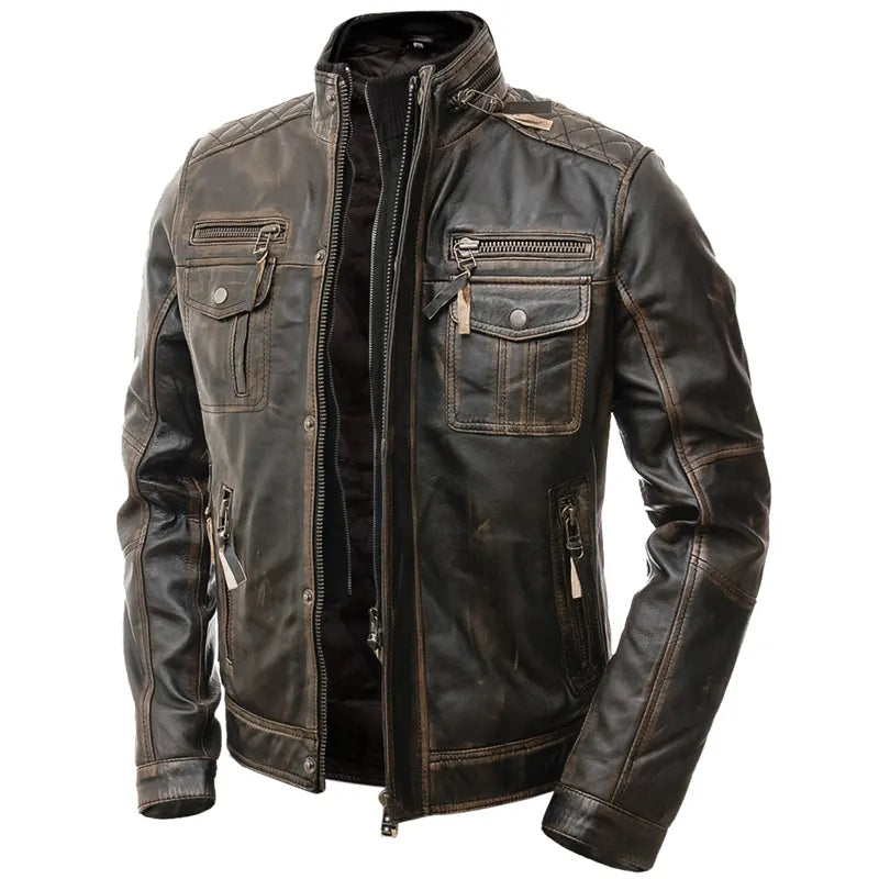 Men’s Motorcycle Distressed Brown Cafe Racer Leather Jacket