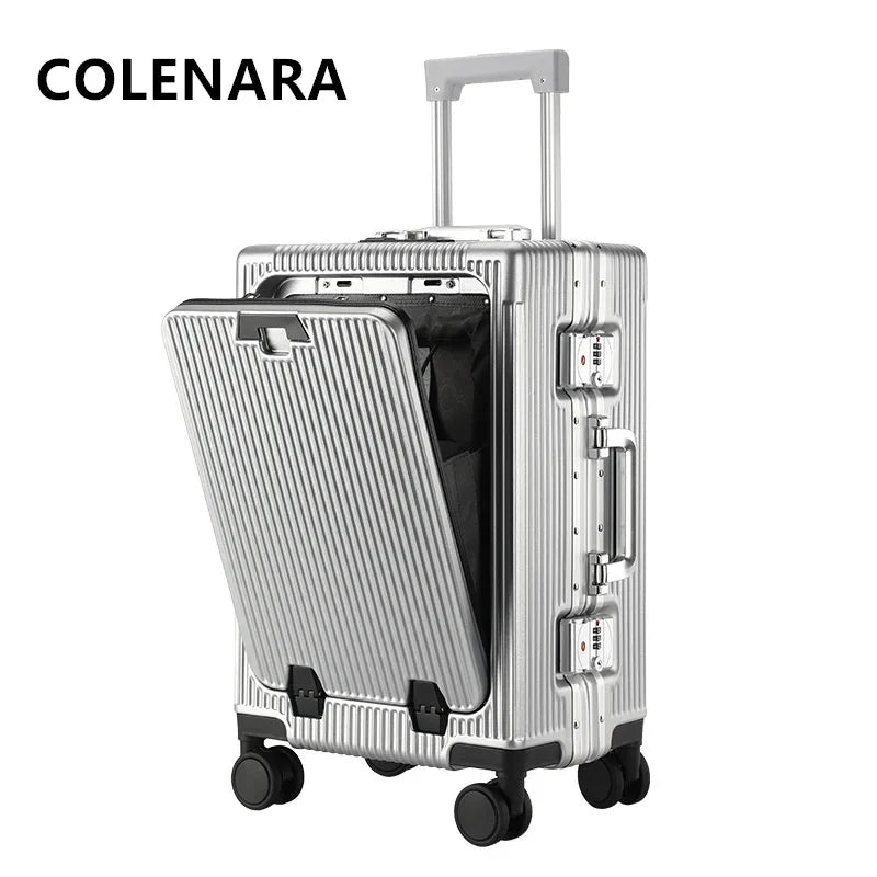 COLENARA 20"24Inch USB Charging Suitcase Front Opening Laptop Boarding Case Aluminum Frame Trolley Case Handheld Travel Suitcase