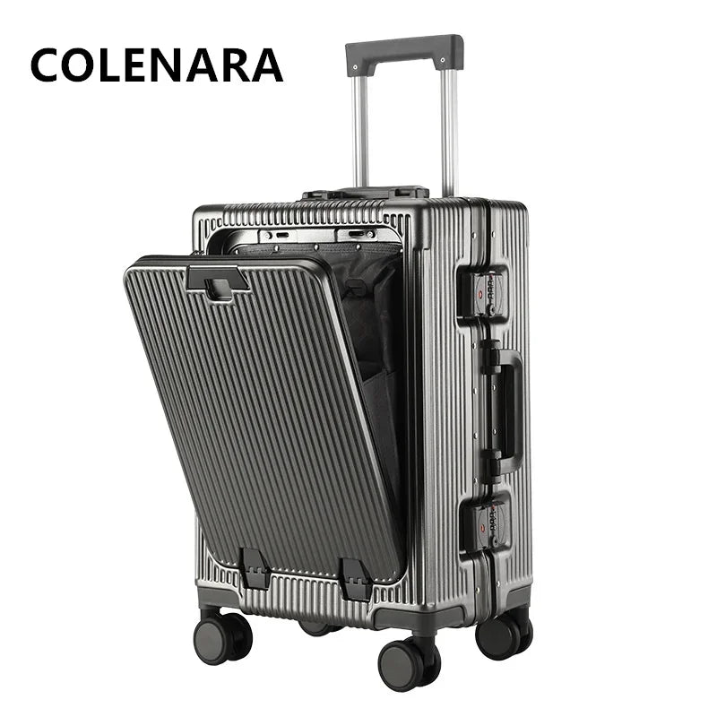 COLENARA 20"24Inch USB Charging Suitcase Front Opening Laptop Boarding Case Aluminum Frame Trolley Case Handheld Travel Suitcase