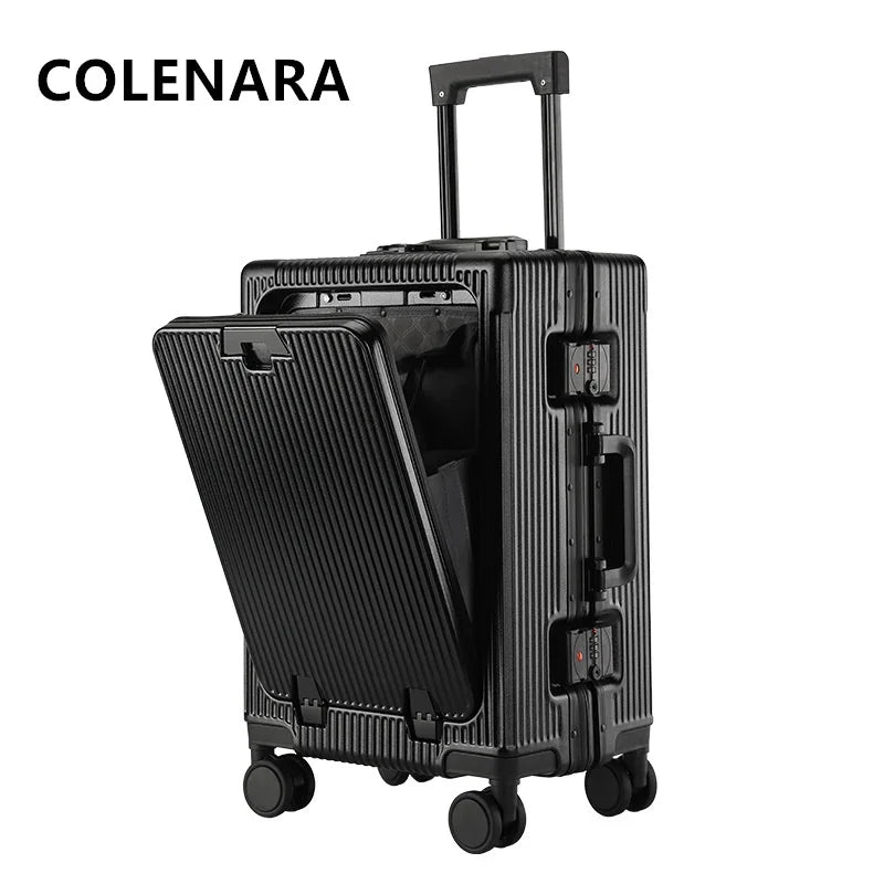 COLENARA 20"24Inch USB Charging Suitcase Front Opening Laptop Boarding Case Aluminum Frame Trolley Case Handheld Travel Suitcase