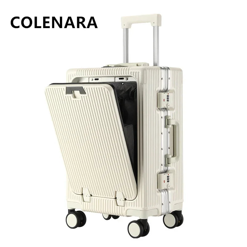 COLENARA 20"24Inch USB Charging Suitcase Front Opening Laptop Boarding Case Aluminum Frame Trolley Case Handheld Travel Suitcase