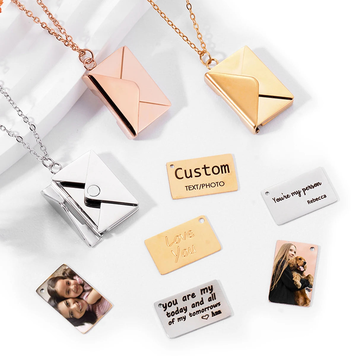 Personalized Custom Envelope Necklace with Message or Photo, Anniversary Birthday Gifts Present For Women and Men