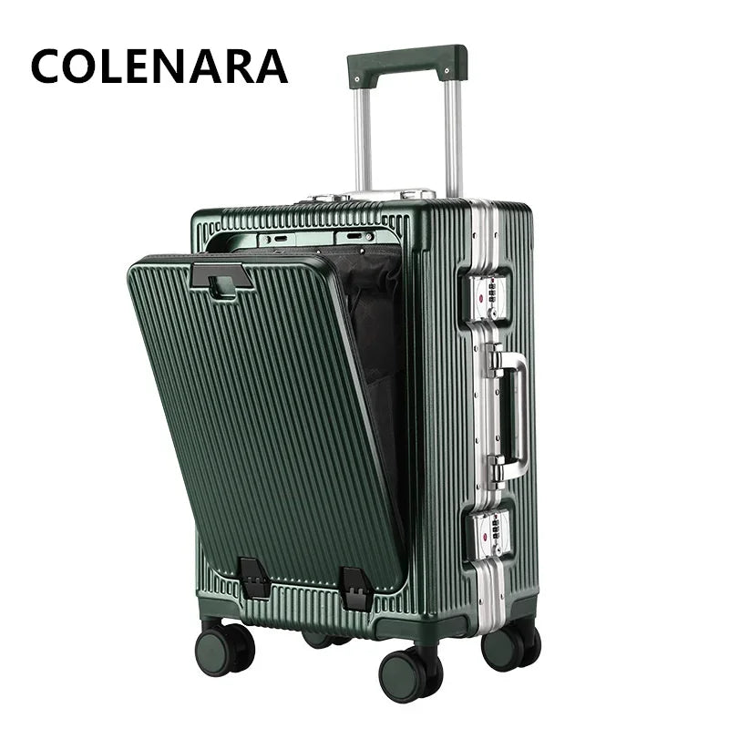 COLENARA 20"24Inch USB Charging Suitcase Front Opening Laptop Boarding Case Aluminum Frame Trolley Case Handheld Travel Suitcase