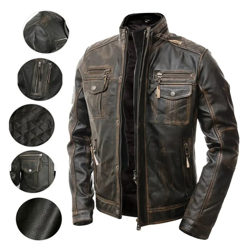 Men’s Motorcycle Distressed Brown Cafe Racer Leather Jacket