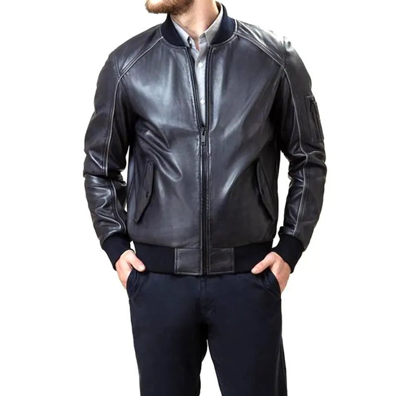 Men Black Leather Bomber Jacket - Submerge Shop